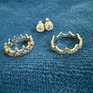 Sterling Silver Crown Rings and Earring Set